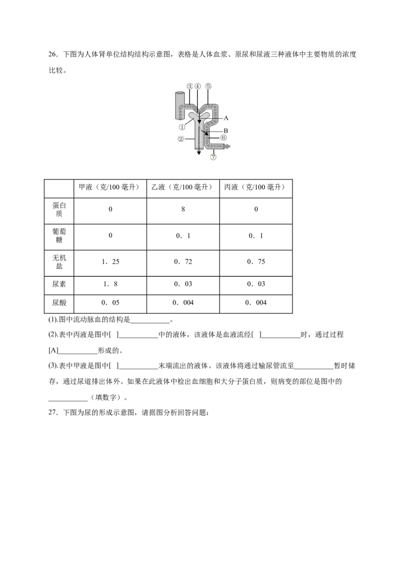 第五章人体废物的排出（满分培优卷）-2021-2022学年七年级生物下册基础与培优高效突破测试卷（人教版）（原卷版）_new_1、初中学习资料_4-6、生物_4-6-2、初一生物下册