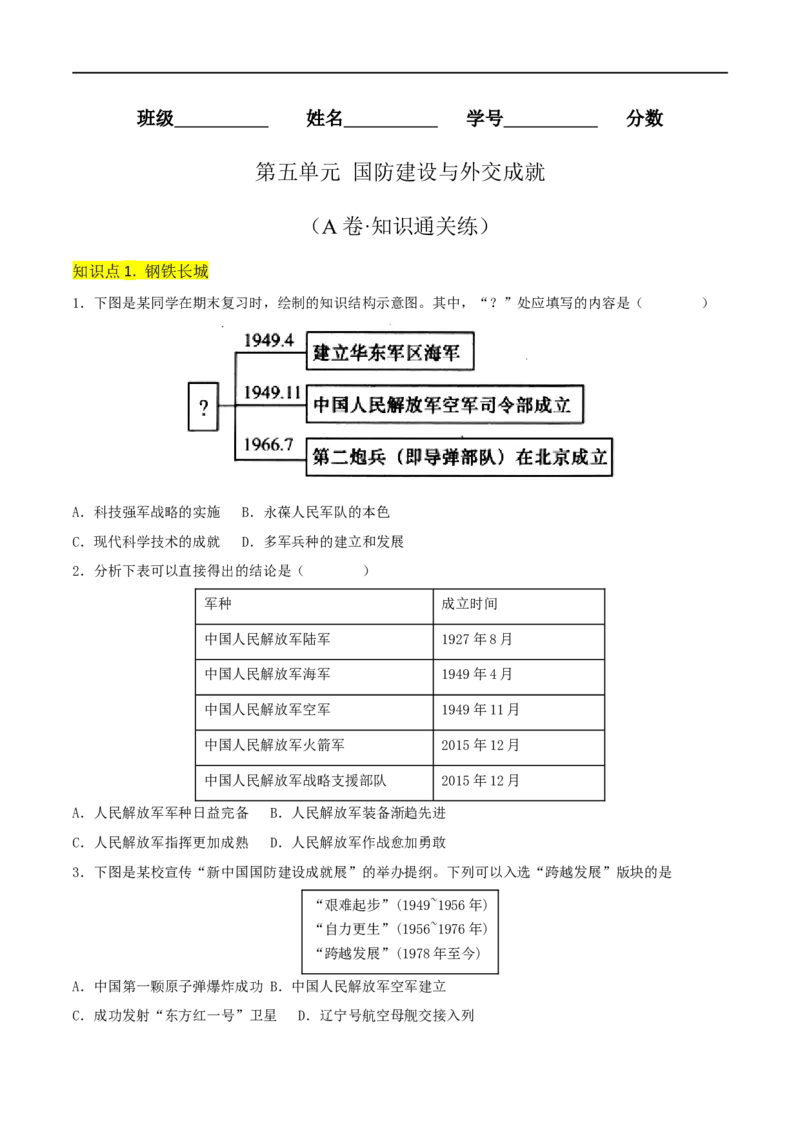 第五单元国防建设与外交成就（A卷&middot;知识通关练）（原卷版）_new_1、初中学习资料_4-7、历史_4-7-4、初二历史下册_2023更新部编版初中历史8下