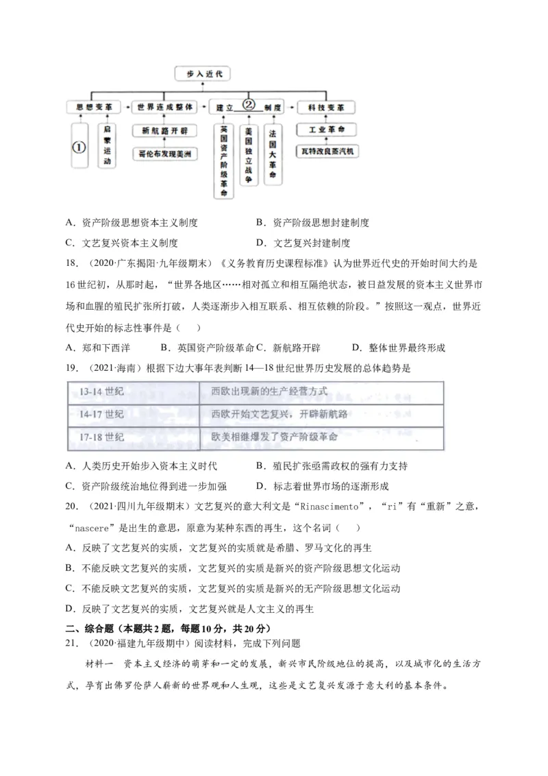 第五单元步入近代（选拔卷）（原卷版）_1、初中学习资料_4-7、历史_4-7-5、初三历史上册_2、单元测试（14份）_单元测试2021-2022学年九年级历史上册尖子生选拔卷（部编版）263725714