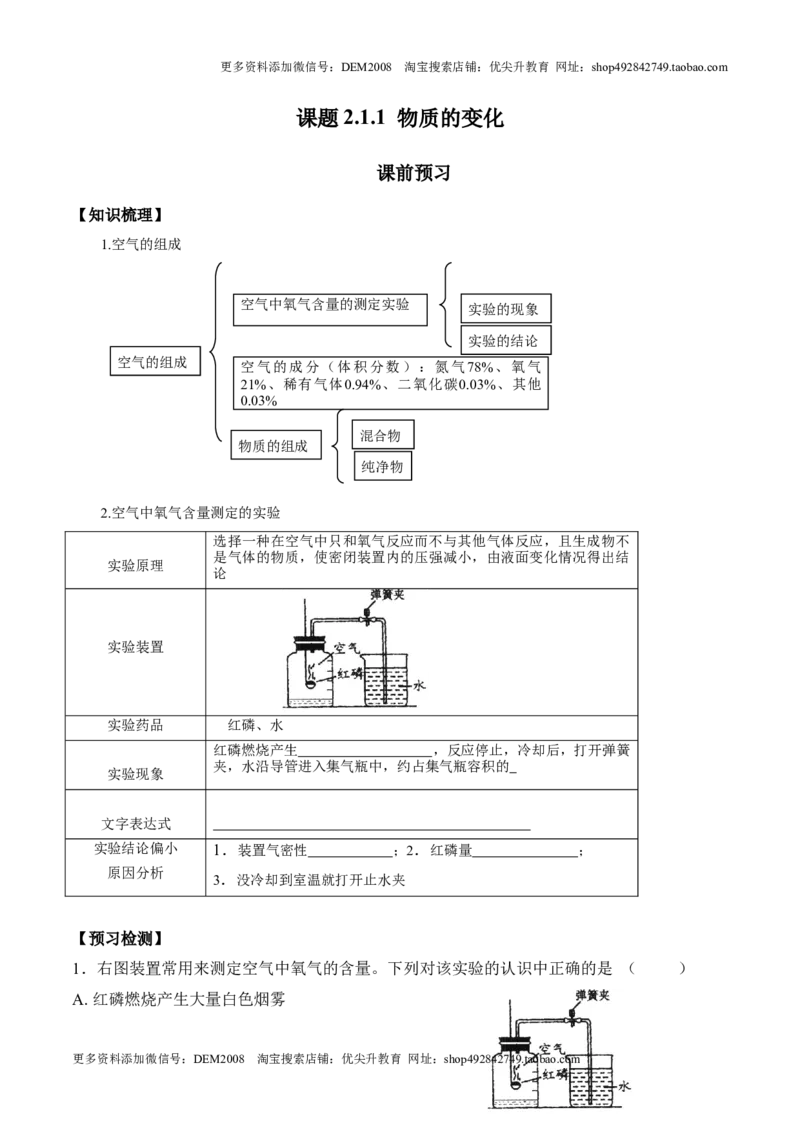 课题2.1.1空气是由什么组成的-九年级化学上册同步分层作业（人教版）_1、初中学习资料_4-5、化学_4-5-5、初三化学上册_人教化学九年级上课时练习（063份）