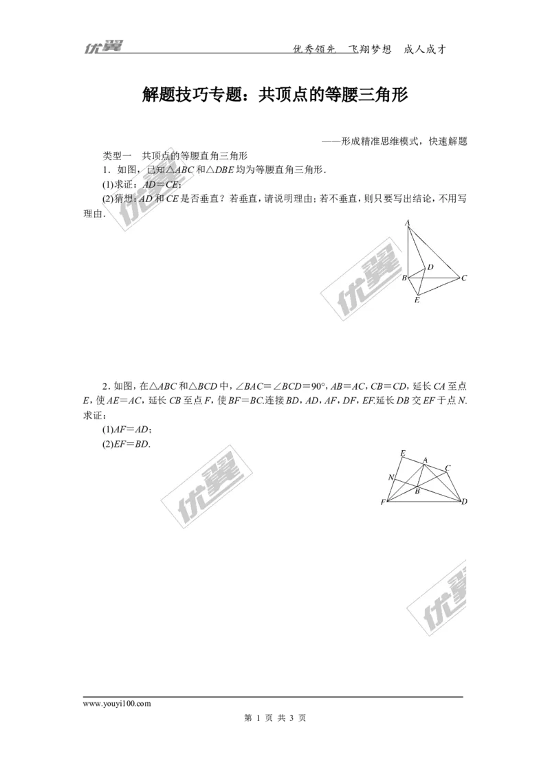 解题技巧专题：共顶点的等腰三角形_1、初中学习资料_4-2、数学_北师大版_北师大版初中数学8下_2022春八数下(BS)--各阶段精品试题_精品专题