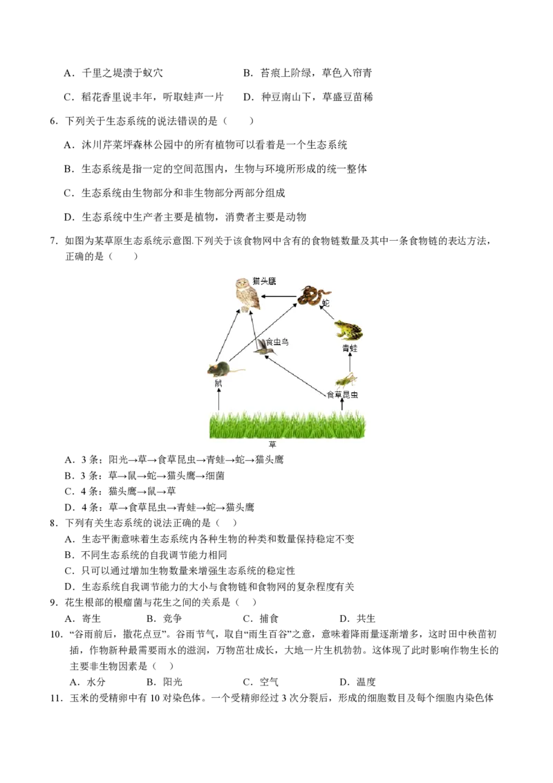 七年级生物期末模拟卷（考试版）测试范围：七上全册（苏科版2024）_5、期末试卷合集_2024年七上各科各版本期末复习试卷