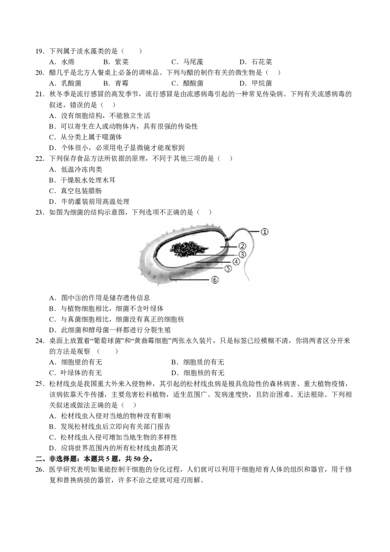 七年级生物期末模拟卷（考试版）测试范围：七上全册（苏教版2024）_5、期末试卷合集_2024年七上各科各版本期末复习试卷