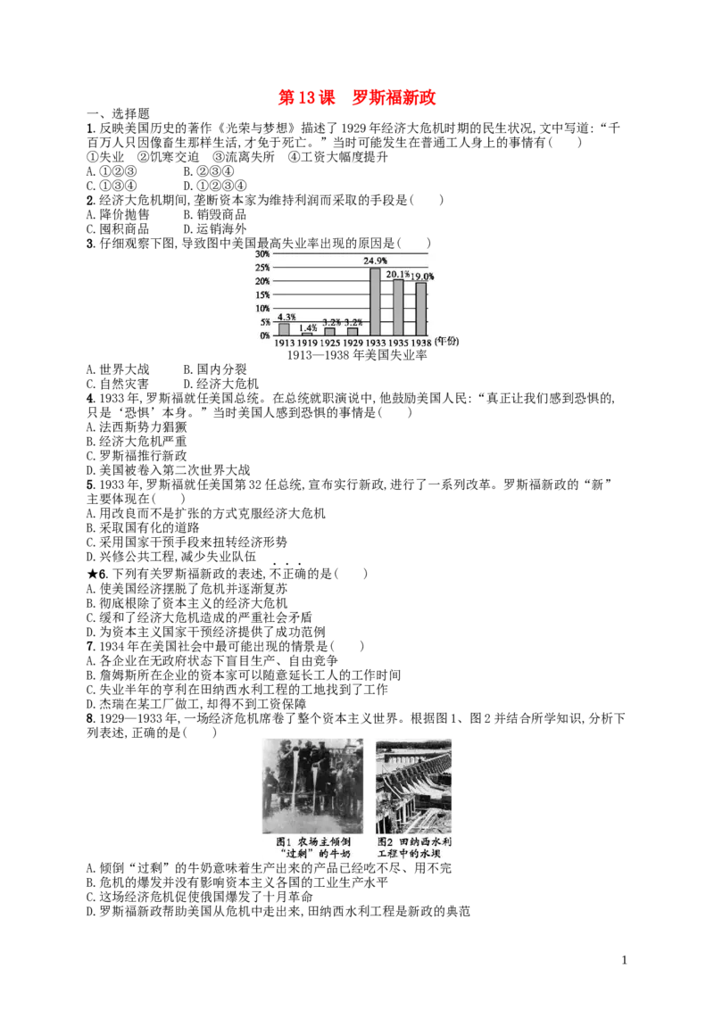 第4单元第13课罗斯福新政练习新人教版_初中_人教版初中历史新九下_3.同步练习题_部编版2019年春九年级历史下册：全册练习（打包27套，含答案）