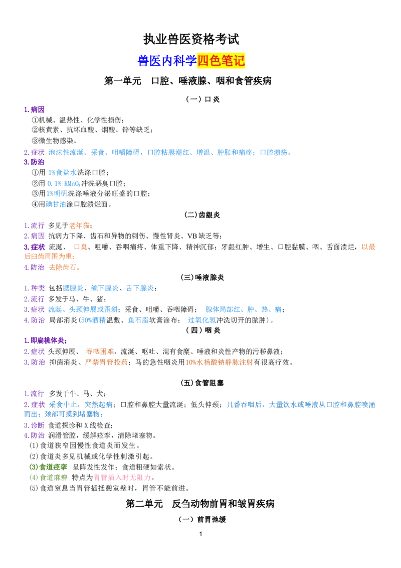 2.兽医内科学四色笔记_JH-013执业兽医_5.执业兽医四色笔记_3.临床科目