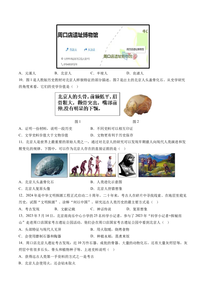 第1课远古时期的人类活动（原卷版）_新版初中_最新历史七年级上册_12七上历史习题试卷_同步练习_第1课+远古时期的人类活动（同步练习）