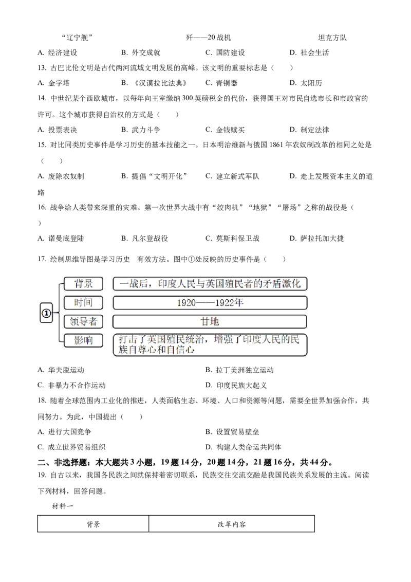精品解析：2023年西藏自治区中考历史真题（原卷版）_new_新版初中_最新历史九年级下册_17中考真题赠送_2023中考真题