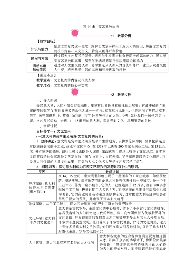 精品教案&mdash;&mdash;第14课文艺复兴运动_初中_人教版初中历史新九上_1.课件ppt+教案等资源（多套）_第1套：课件ppt+教案+学案_20秋九历上教学资源（5-7单元）_第14课文艺复兴运动