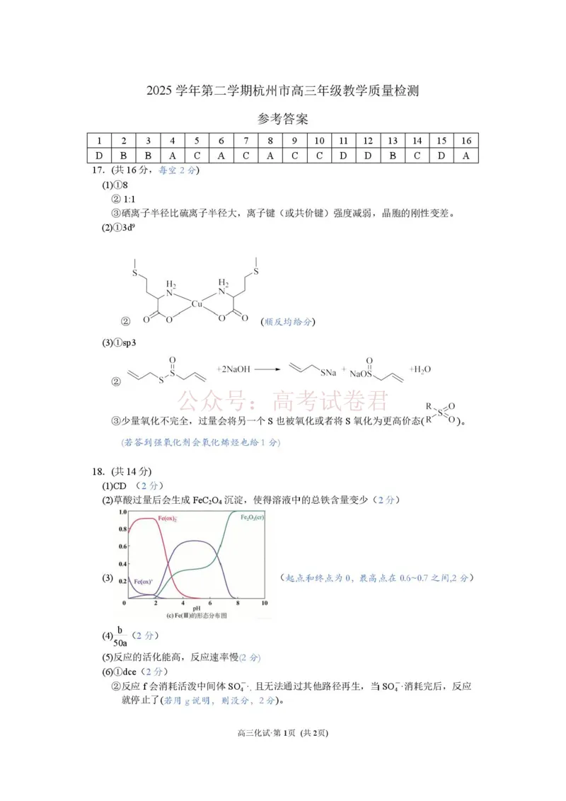 2025学年第二学期杭州市高三年级二模教学质量检测化学答案_2026年浙江省杭州市高三第二次教学质量检测全科_05化学_浙江省杭州市高三第二次教学质量检测