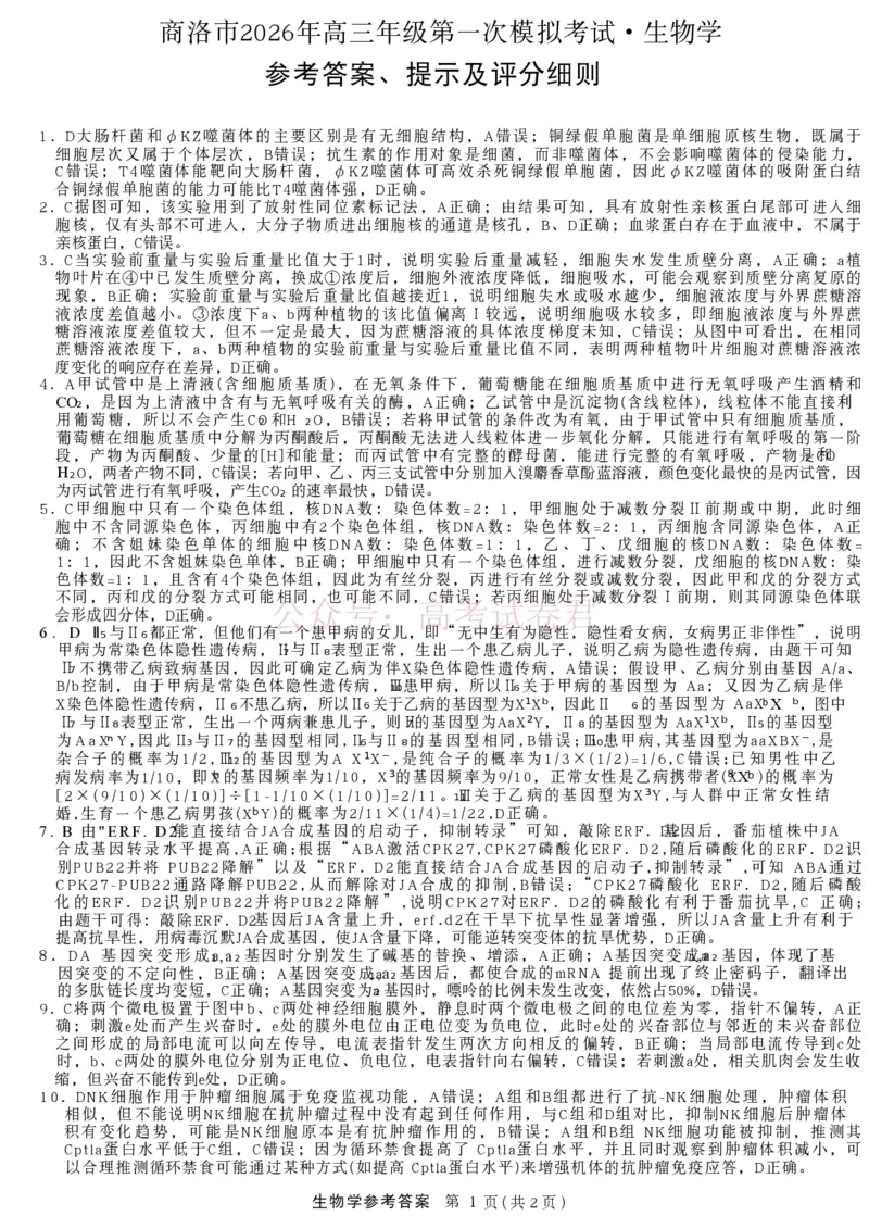 2026届陕西省商洛市高三一模生物试题_副本_2026届陕西商洛市高三下学期第一次模拟考试_06生物_陕西商洛市高三下学期第一次模拟考试