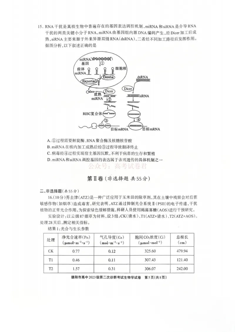 2026届四川省德阳市高三第二次诊断考试生物_副本_2026届四川省德阳市高三第二次诊断考试全科_06生物_四川省德阳市高三第二次诊断考试