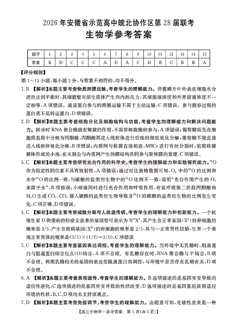 2026届安徽省示范高中皖北协作区高三下学期第28届联考(一模)生物试题卷答案_2026年安徽省示范高中皖北协作区第28届联考全科_06生物_安徽省示范高中皖北协作区第28届联考