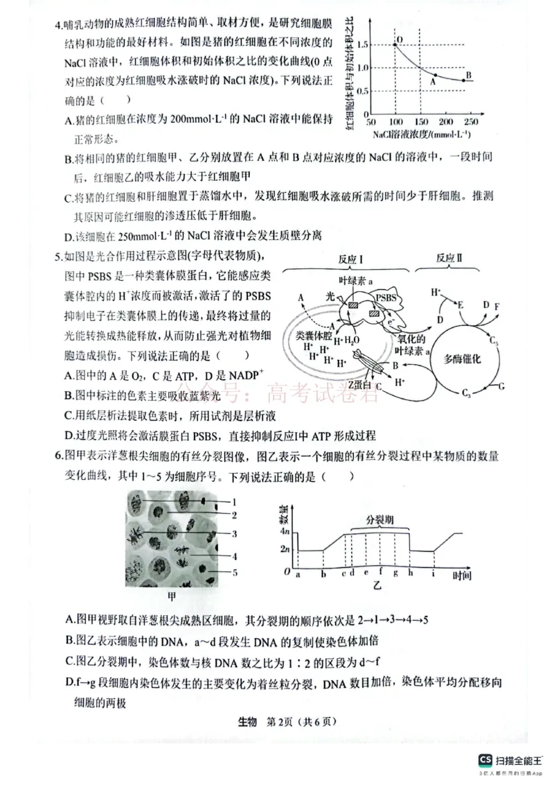 2025届4月份全国仿真模拟考试生物_2025届高三4月份全国仿真模拟考试全科_06生物_2025届高三4月份全国仿真模拟考试