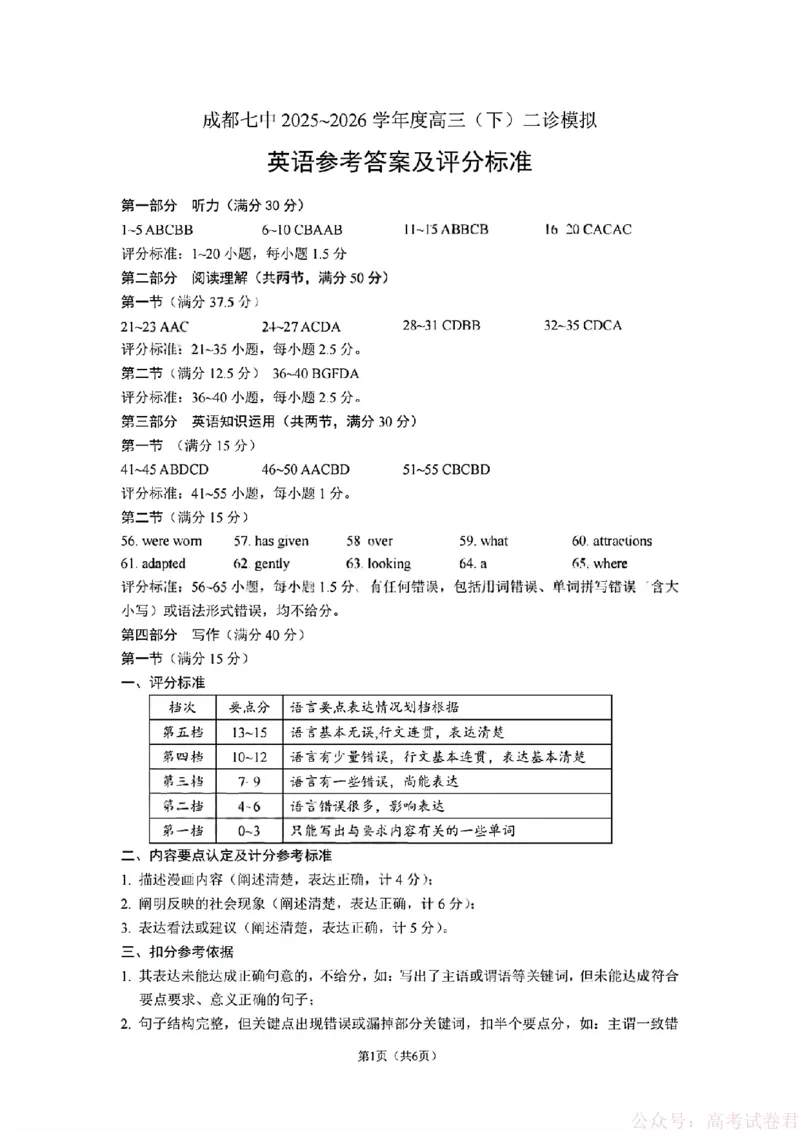 2026届四川省成都七中高三二诊模拟考试英语（含答案）_2026届四川省成都七中高三二诊模拟考试