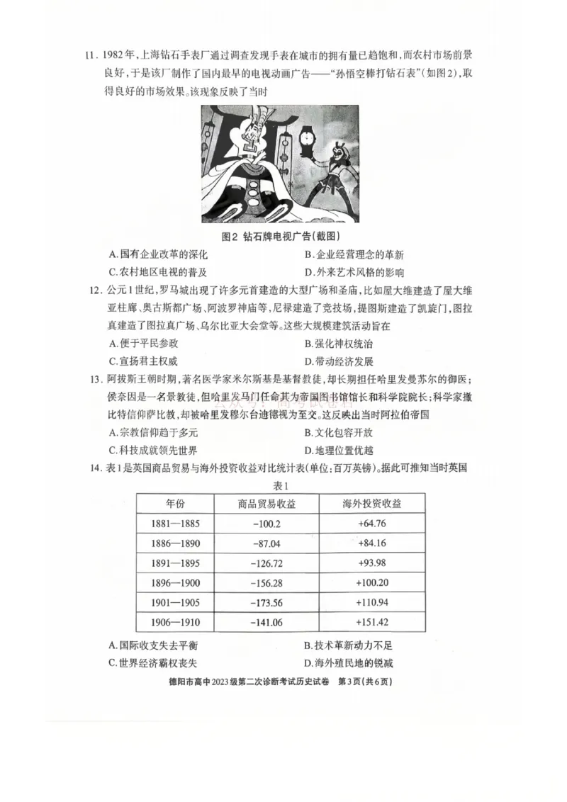 2026届四川省德阳市高三第二次诊断考试历史_副本_2026届四川省德阳市高三第二次诊断考试全科_08历史_四川省德阳市高三第二次诊断考试