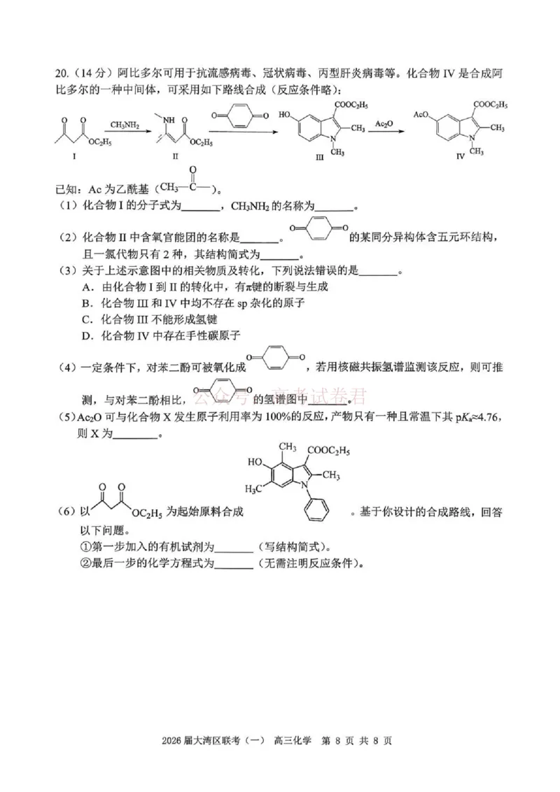2026届大湾区普通高中毕业年级联合模拟考试（一）化学_2026届广东大湾区普通高中毕业年级联合模拟考试（一）（大湾区一模）