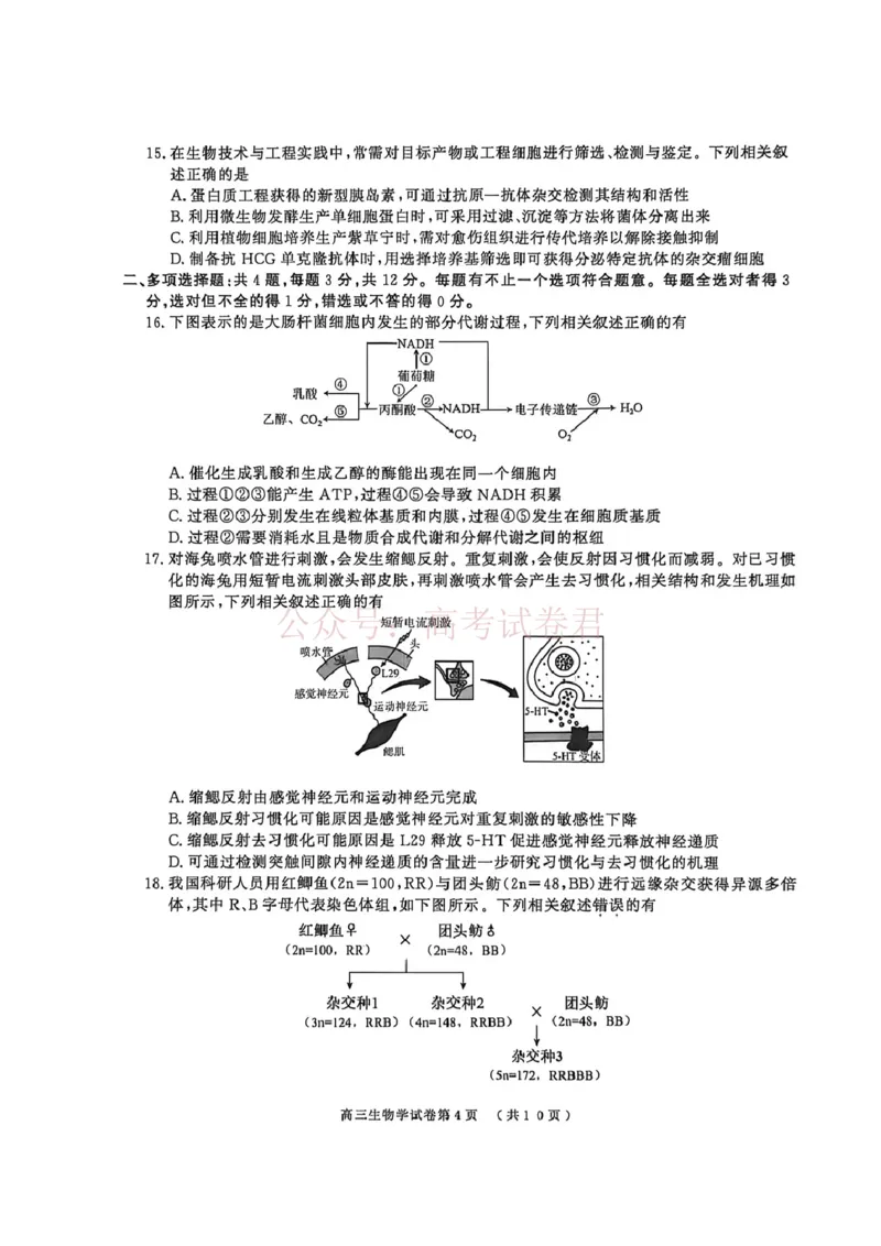 2026届江苏省南京市、盐城市高三一模生物卷（含答案）_副本_2026届江苏省南京盐城高三第一次模拟考试全科_06生物_江苏省南京盐城高三第一次模拟考试