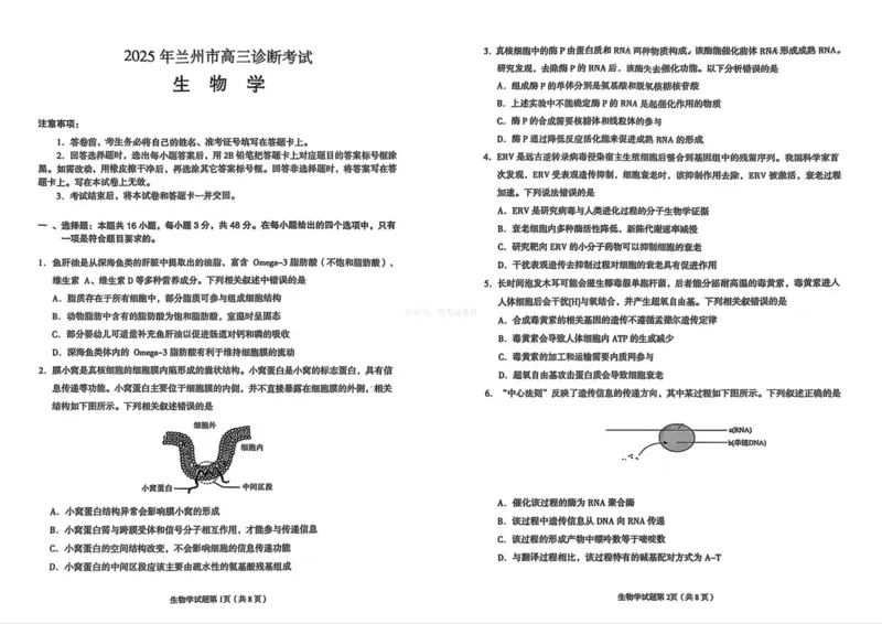 2026年兰州市高三模拟考试生物_2026届甘肃兰州市高三下学期模拟考试（一模）_06生物2026届甘肃兰州市高三下学期模拟考试（一模）