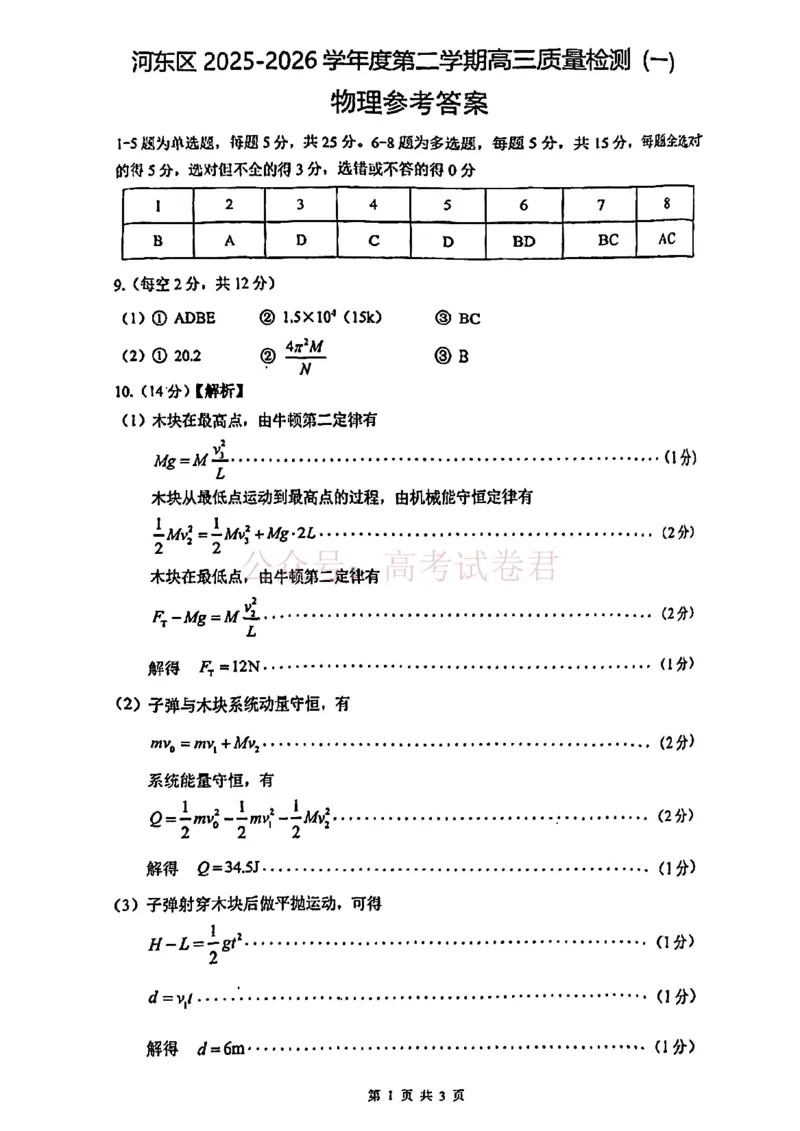 2026年天津市河东区高三下学期总复习质量检测（一）物理答案_副本_2026年天津市河东区高三下学期总复习质量检测（一）全科