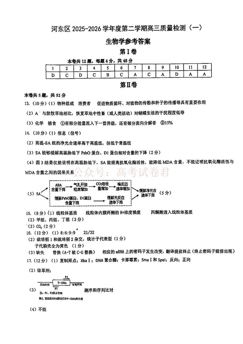 2026年天津市河东区高三下学期总复习质量检测（一）生物答案_副本_2026年天津市河东区高三下学期总复习质量检测（一）全科