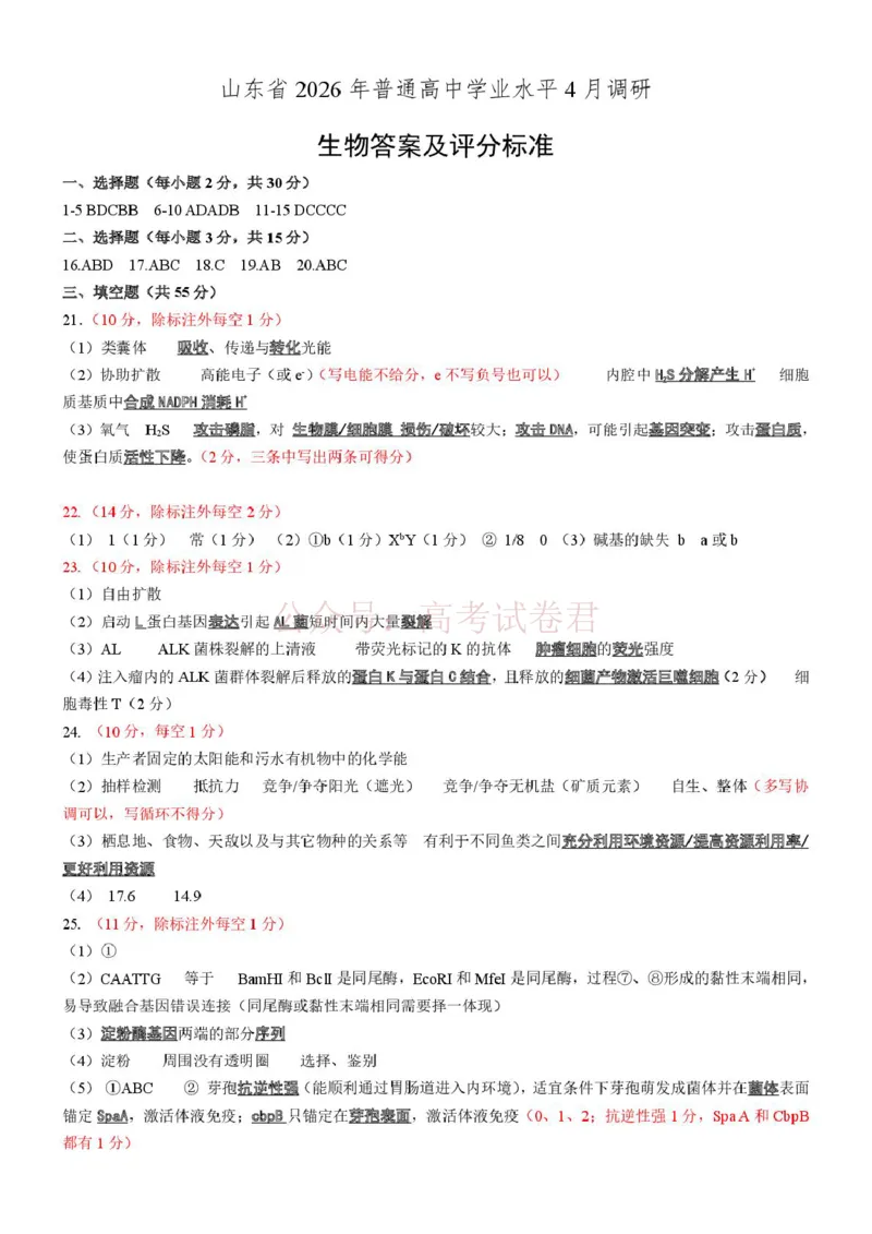山东省2026届普通高中学业水平4月调研生物试卷（含答案）_副本_2026年山东省通高中学业水平4月调研_05生物_山东省通高中学业水平4月调研