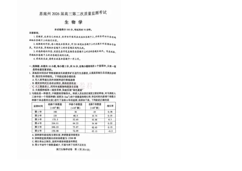 恩施州2026届高三第二次质量监测考试生物_副本_2026届湖北省恩施州高三第二次质量监测_06生物_湖北省恩施州高三第二次质量监测