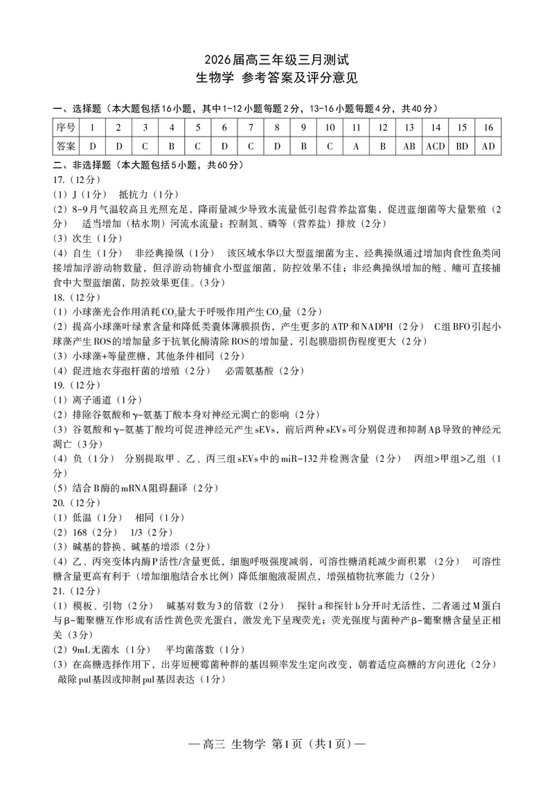 南昌市2025-2026学年高三下学期一模测试生物答案_副本_2026届江西省南昌市高三下学期一模测试全科_06生物_江西省南昌市高三下学期一模测试