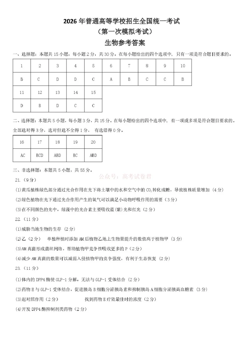 内蒙古包头市2025-2026学年高三下学期第一次模拟考试生物参考答案_2026届内蒙古包头市高三第一次模拟考试_05生物2026届内蒙古包头市高三第一次模拟考试