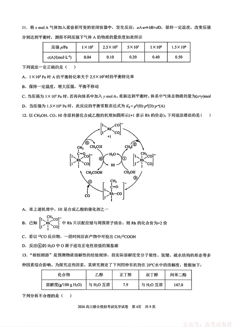 化学(东北师大、哈师大附中、辽宁实验）_2026届东北三省三校高三一模