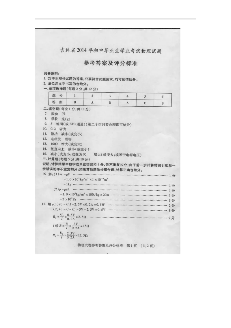 2014吉林物理试卷+答案(图片word版)_12.2026年4月全国各地高考模拟卷_2026版初中金考卷&bull;45套中考试卷汇编系列合集_全国版中考真题(2)_各省市《历年中考真题》2013-2024(10)_13吉林地区卷