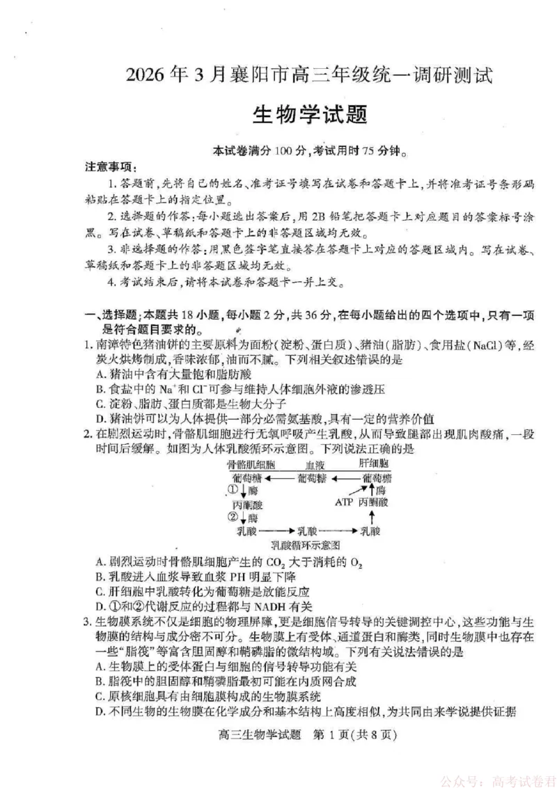 湖北襄阳市2026届高三年级3月统一调研测试生物试题(含答案）_2026届湖北省襄阳市高三3月统一调研测试