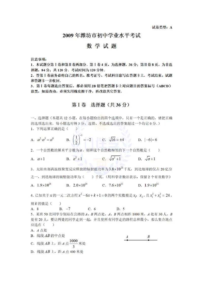 2009年山东省潍坊市中考数学试题及答案_12.2026年4月全国各地高考模拟卷_2026版初中金考卷&bull;45套中考试卷汇编系列合集_全国版中考真题(1)_各省市《历年中考真题》2013-2024(10)_山东