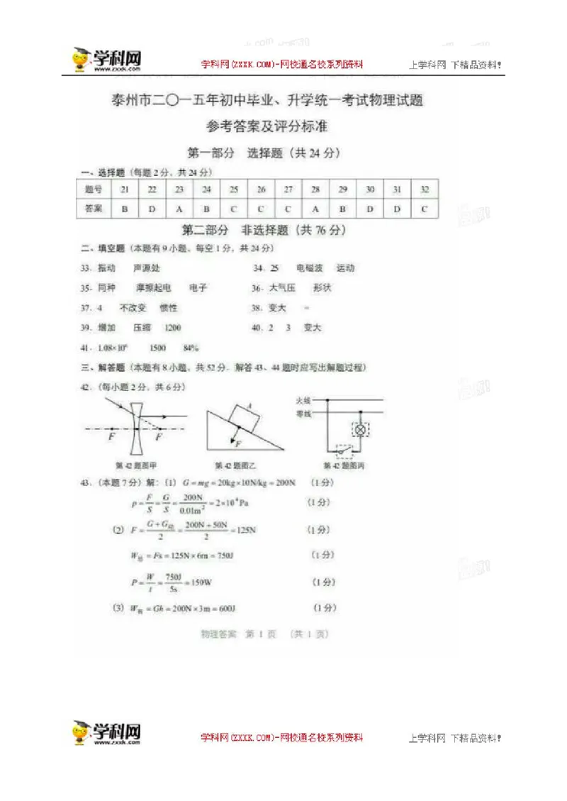 2015年江苏泰州物理试卷+答案(图片+word整理版)_2026版初中金考卷&bull;45套中考试卷汇编系列合集_全国版中考真题(1)_各省市《历年中考真题》2013-2024(10)_江苏_初中物理历年真题（2013-2024）