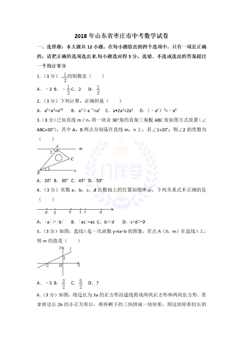 2018年山东省枣庄市中考数学试卷及答案解析_2026版初中金考卷&bull;45套中考试卷汇编系列合集_全国版中考真题(1)_各省市《历年中考真题》2013-2024(10)_历年中考真题（版本二，按省份划分）