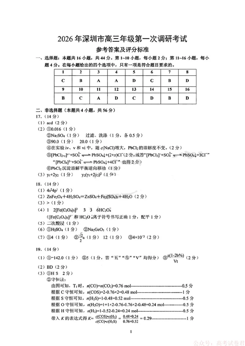 2026年深圳市高三年级第一次调研考试参考化学试卷答案_2026届广东深圳高三下学期第一次调研考试（深圳一模）_2026年深圳市高三年级第一次调研考试化学试卷+答案