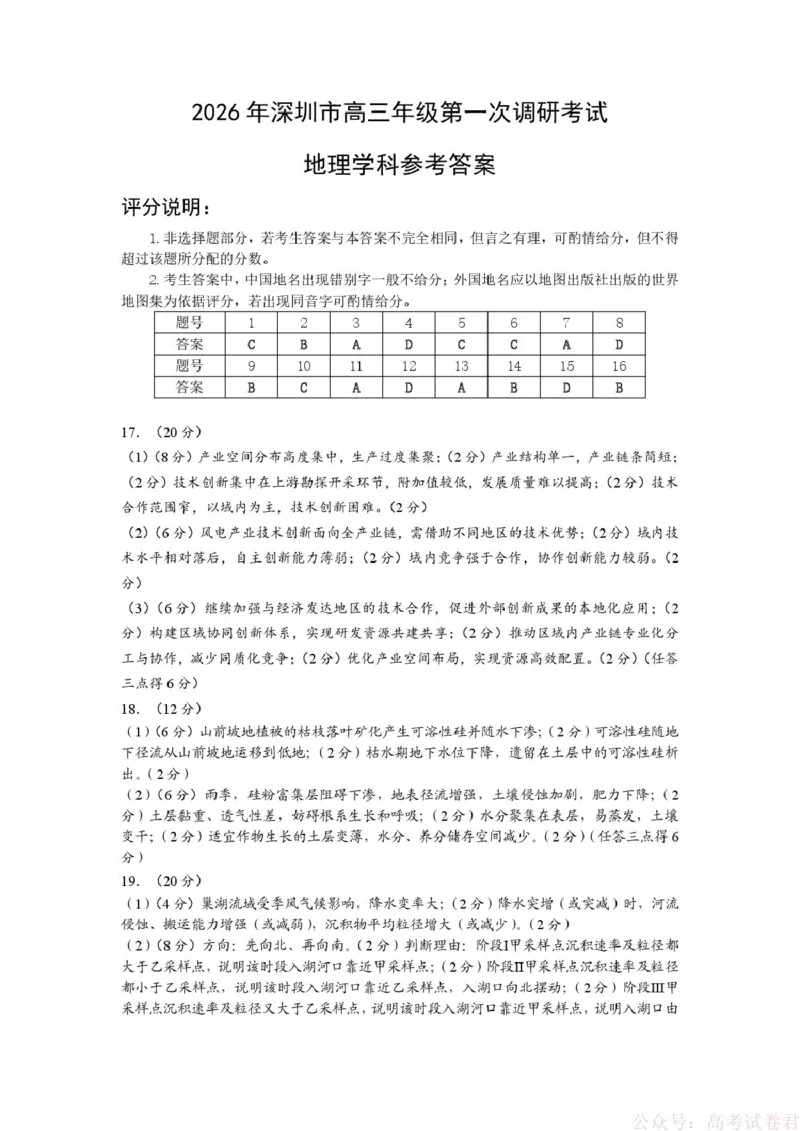 2026届广东深圳市高三下学期第一次调研考试地理试卷2026年深圳市高三年级第一次调研考试地理参考答案_2026届广东深圳高三下学期第一次调研考试（深圳一模）