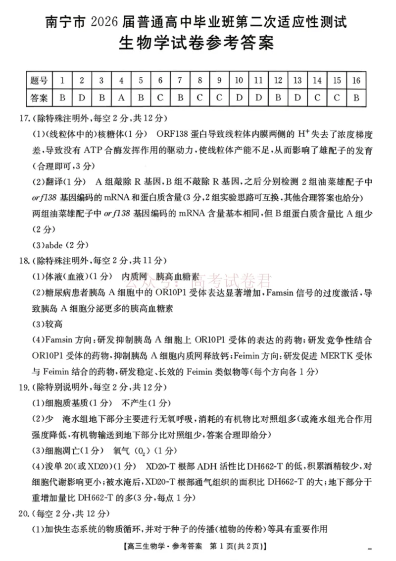 《南宁市2026届普通高中毕业班第二次适应性测试生物答案_2026届广西省南宁市高三第二次适应性测试全科_06生物_广西省南宁市高三第二次适应性测试》第1页预览