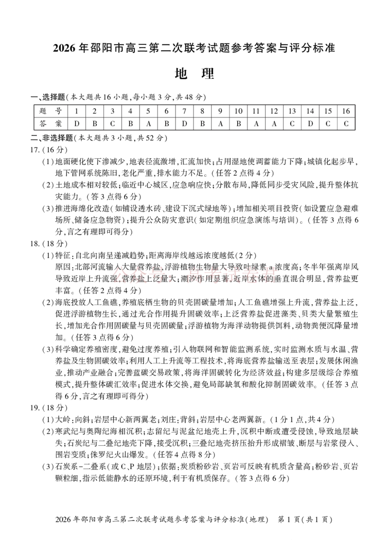 《2026年邵阳市高三第二次联考试题地理答案_2026届湖南省邵阳市高三第二次联考_09地理_湖南省邵阳市高三第二次联考》第1页预览