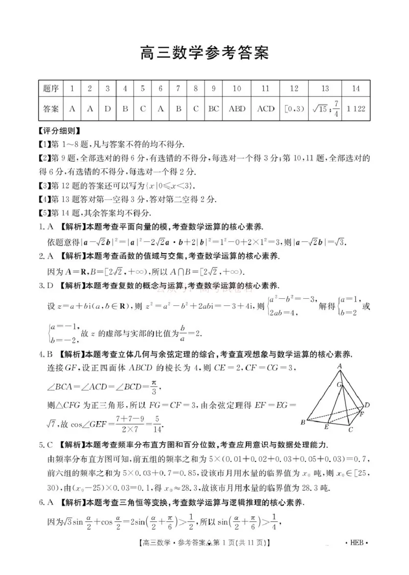 《金太阳2026届高三联考313C数学答案_2026届河北省金太阳313C高三3月联考_02数学2026届河北省金太阳313C高三3月联考》第1页预览