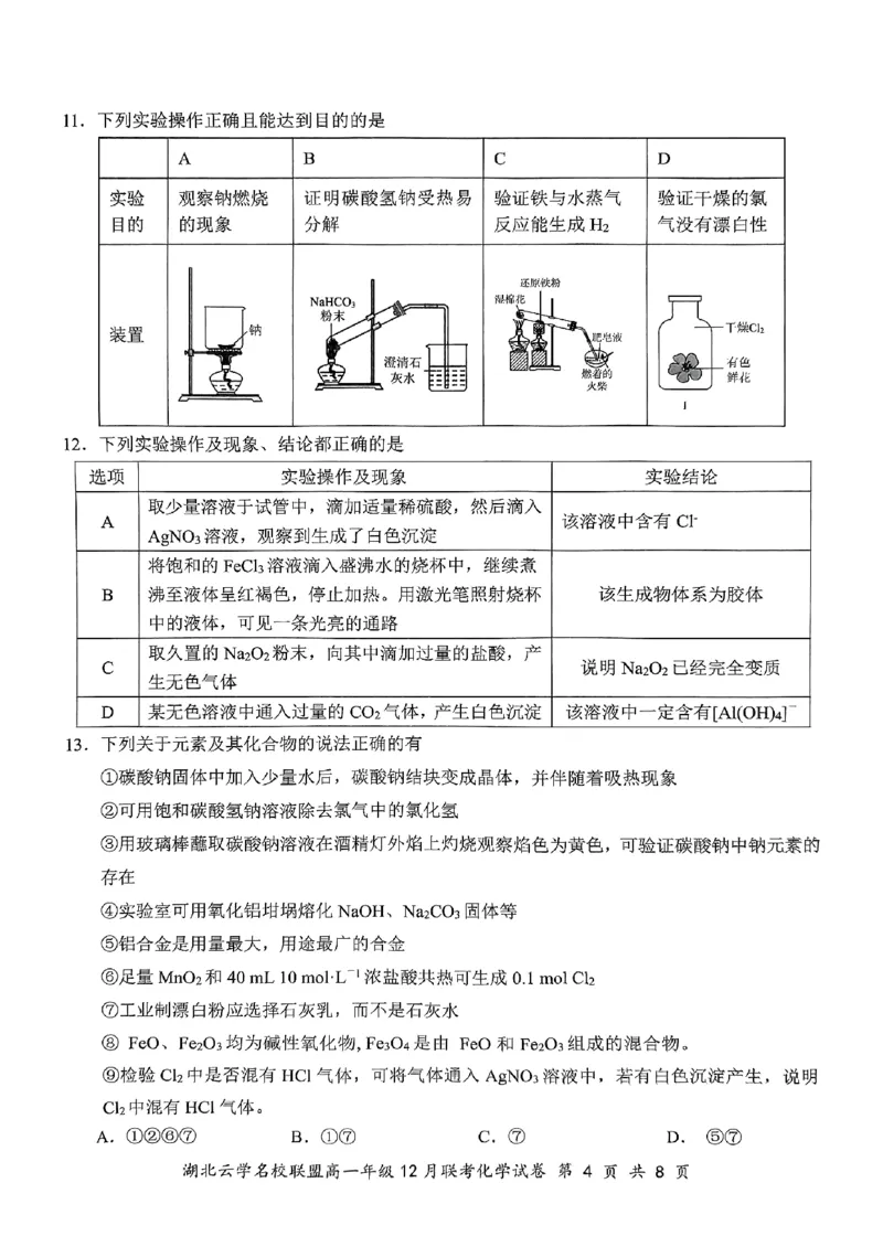 《2024年湖北省云学联盟高一12月联考化学试卷_2024-2027高一（7-7月题库）(1)_2024年12月试卷_1225湖北省云学名校联盟2024-2025学年高一上学期12月联考》第4页预览