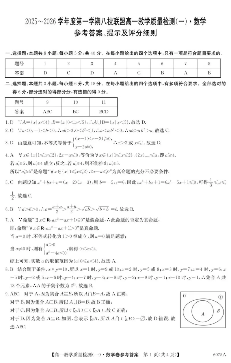 《6075A数学DA_2024-2027高一（7-7月题库）(1)_2025年10月高一试卷_251028广东省八校联盟2025-2026学年高一上学期教学质量检测（一）（全）》第1页预览