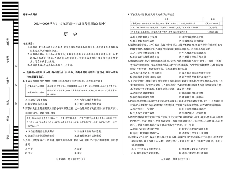 《历史江西高一上期中试卷_2024-2027高一（7-7月题库）(1)_2025年12月高一试卷_251206江西省天一大联考2025-2026学年（上）高一年级期中考试（全）》第1页预览