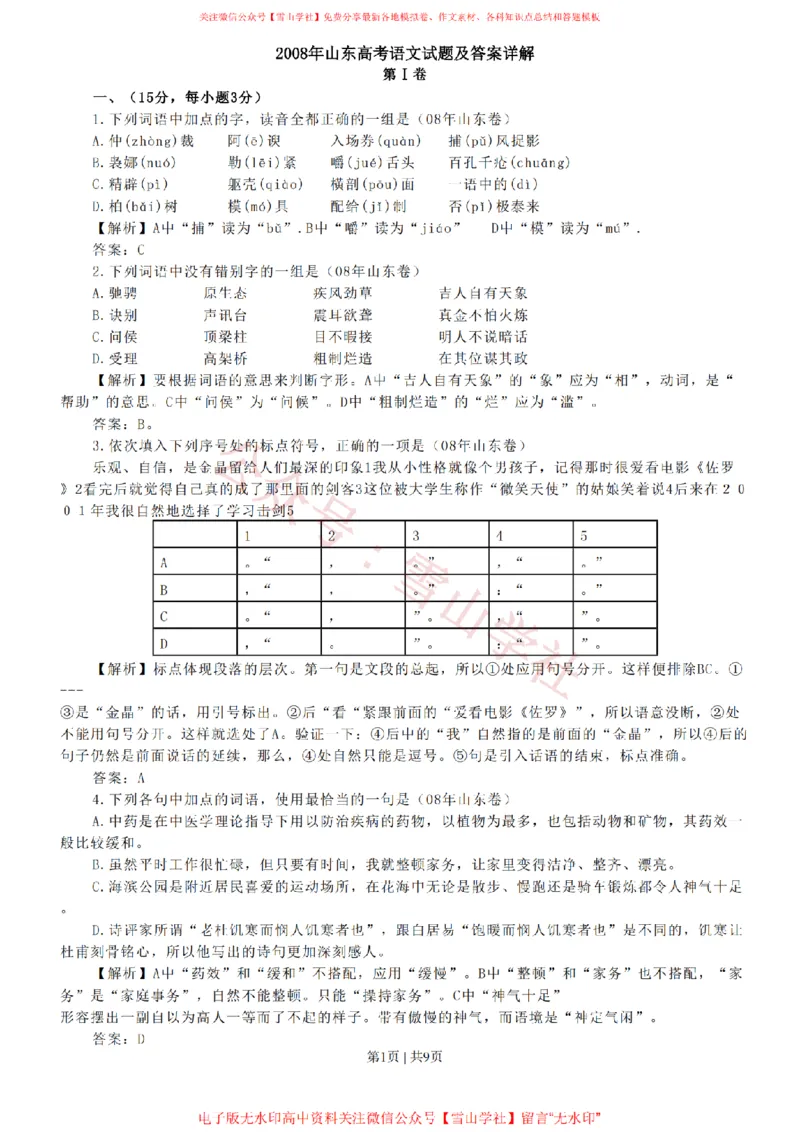 《2008年高考语文试卷（山东）（解析卷）_高考历年真题_08-24全国高考真题（无水印）_新·PDF版2008-2024·高考语文真题_版本3：语文（按年份分类）2008-2024_2008·语文高考真题》第1页预览