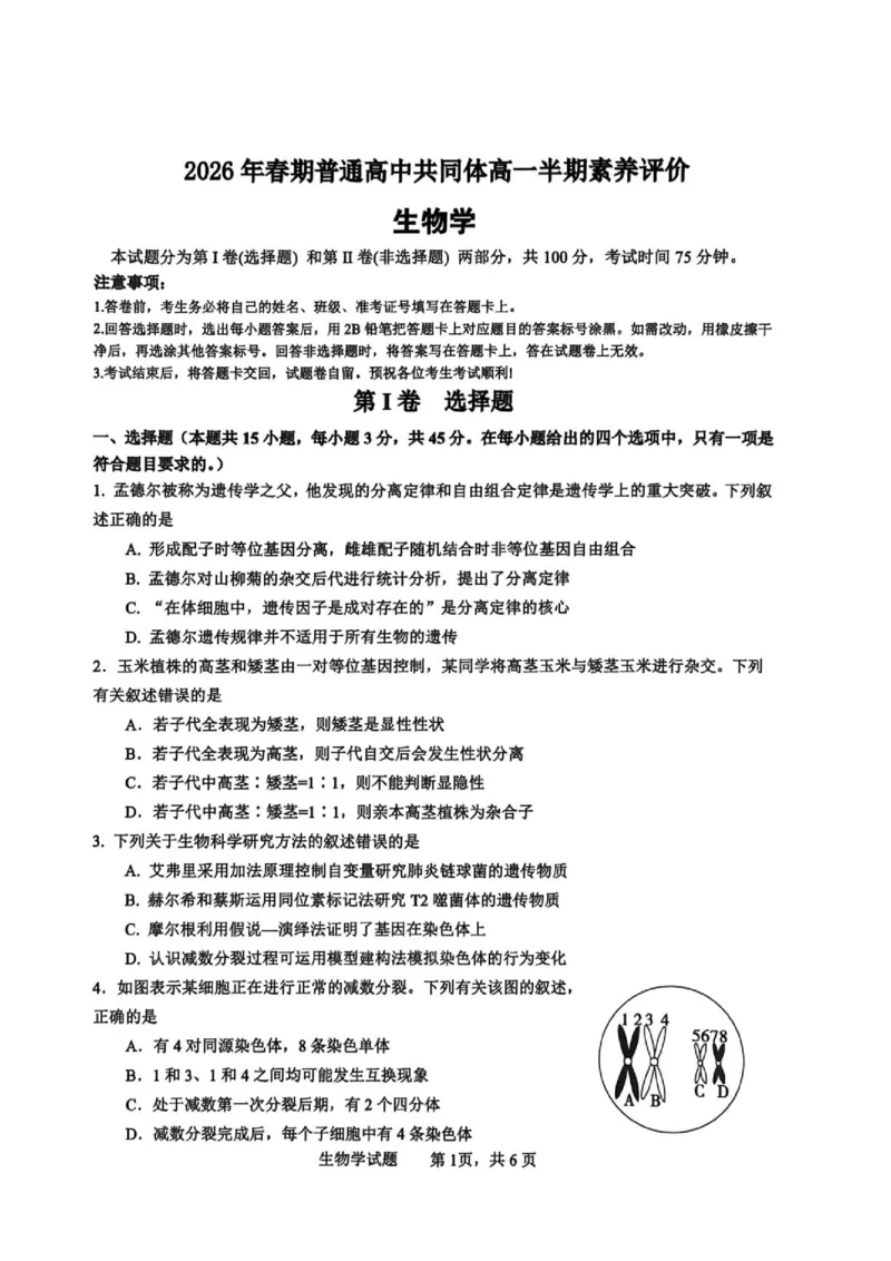 《2026年春期高中共同体高一半期素养评价生物学_2024-2027高一(7-7月题库)(1)_2026年05月高一试卷_260524四川泸州市泸县普通高中共同体2025-2026学年高一下学期素养评价》第1页预览