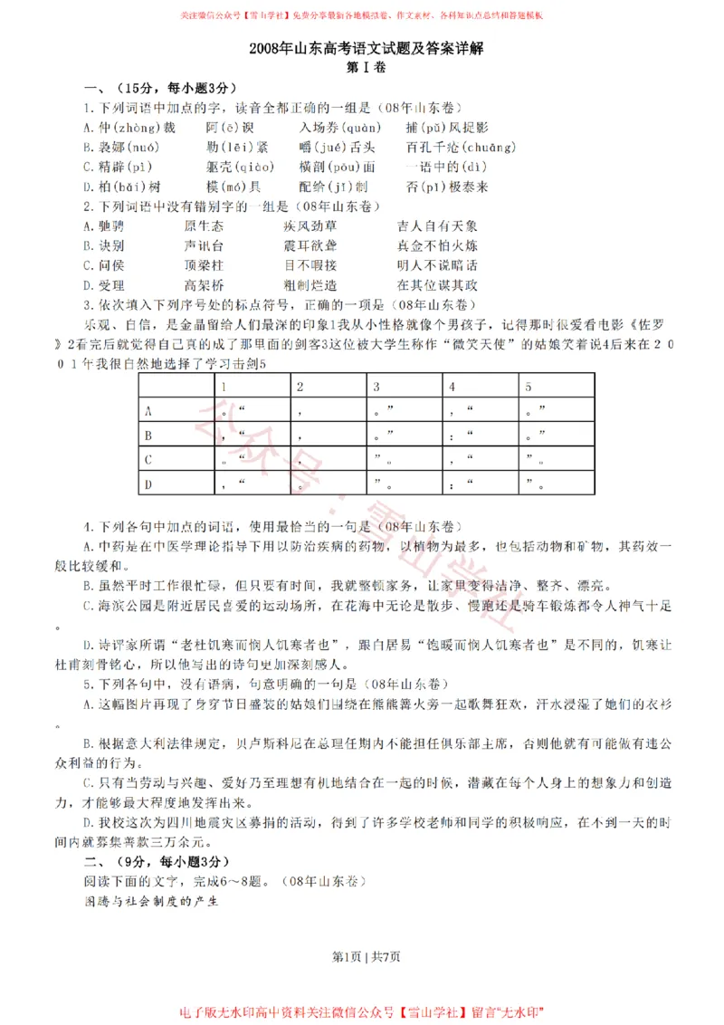 《2008年高考语文试卷（山东）（空白卷）_高考历年真题_08-24全国高考真题（无水印）_新·PDF版2008-2024·高考语文真题_版本1：语文（按试卷类型分类）2008-2024_自主命题卷·语文（2008-2024）》第1页预览
