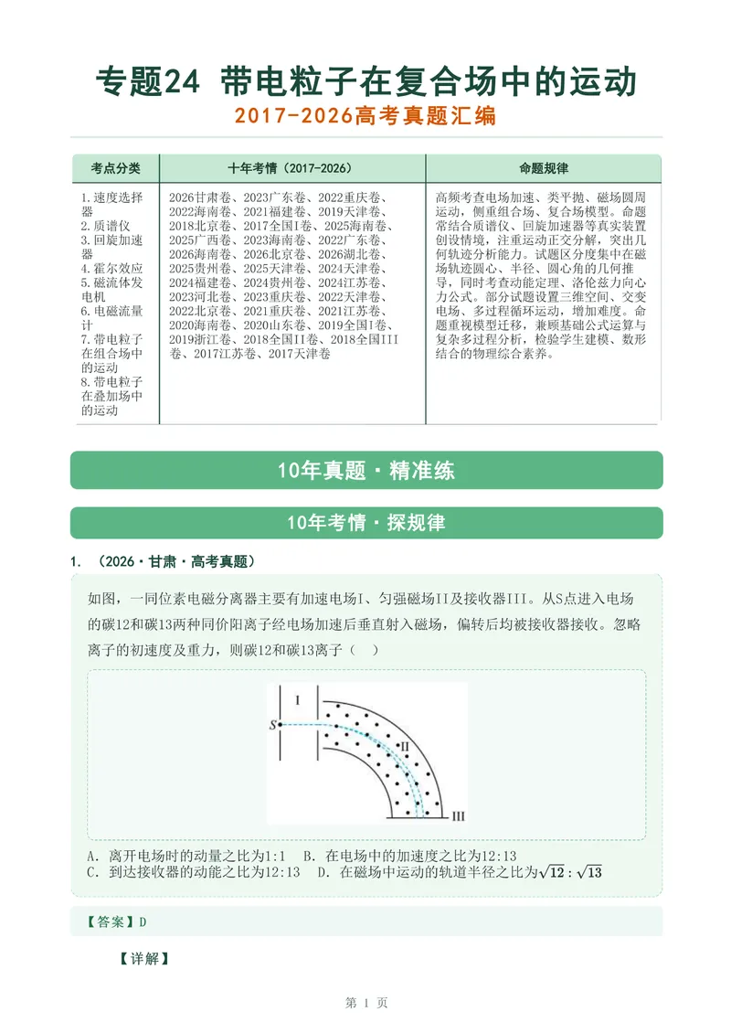 《专题二十四带电粒子在复合场中的运动_2017-2026物理高考真题专题汇编（40个专题）(1)》第1页预览
