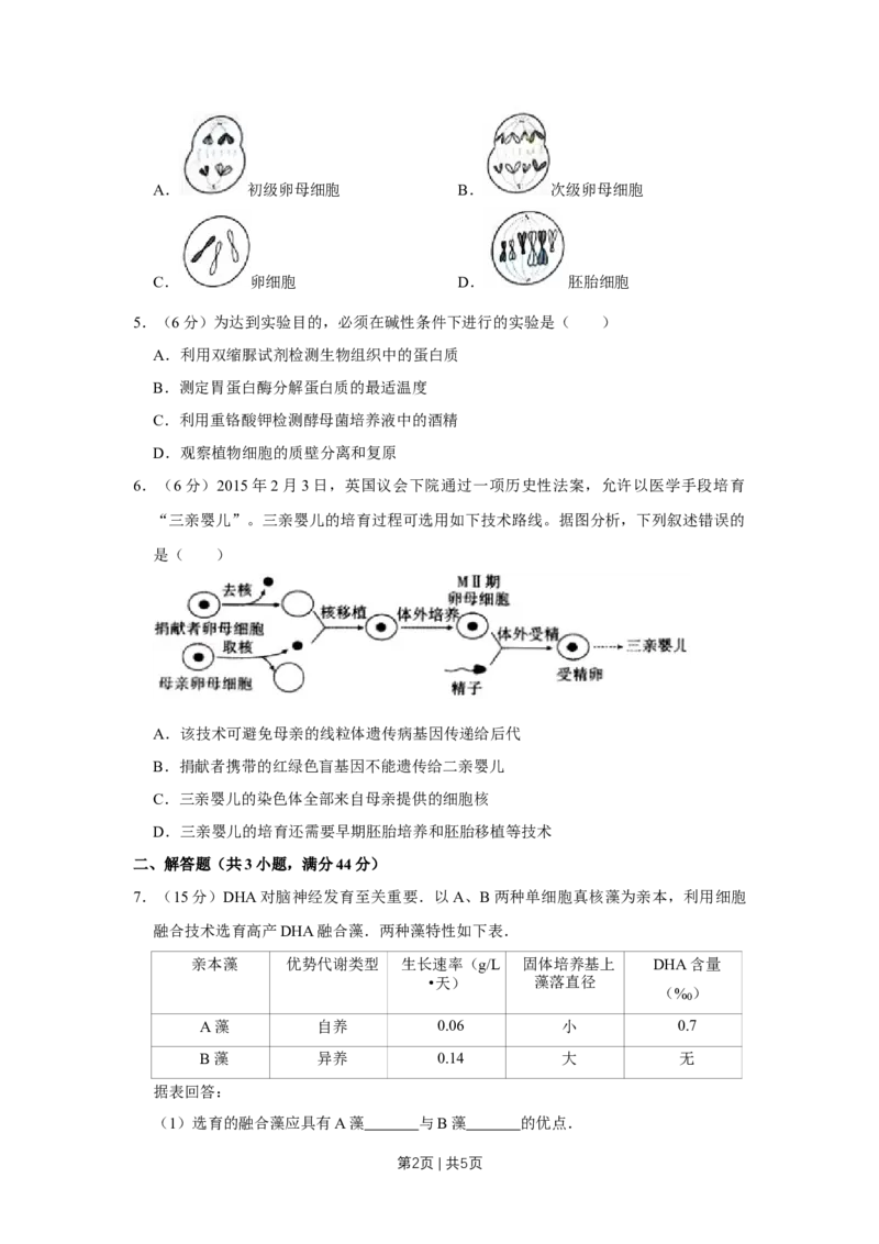 《2015年高考生物试卷（天津）（空白卷）_历年真题_2008-2025·（天津）生物高考真题》第2页预览