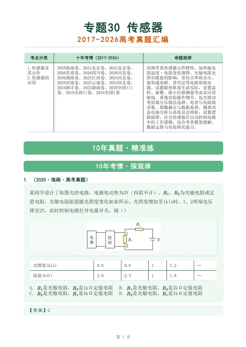 《专题三十传感器_2017-2026物理高考真题专题汇编（40个专题）(1)》第1页预览