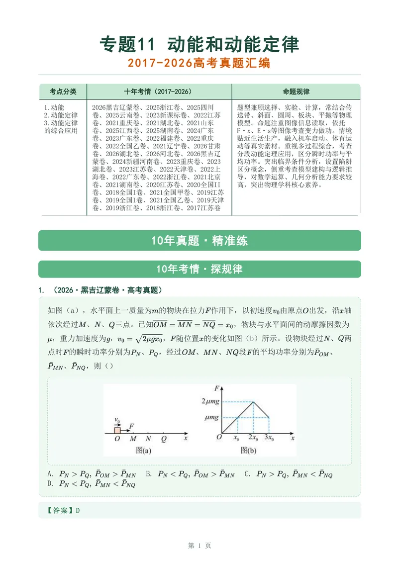 《专题十一动能和动能定律_2017-2026物理高考真题专题汇编（40个专题）(1)》第1页预览