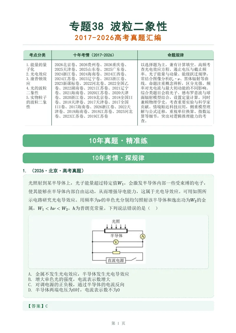《专题三十八波粒二象性_2017-2026物理高考真题专题汇编（40个专题）(1)》第1页预览